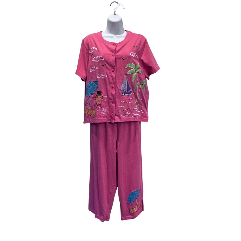 Onque Casuals Women's Pink Beach Scene Short Sleeve Button Up‎ Top Pants Set M